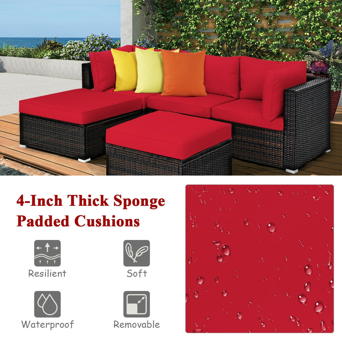 5 Piece Patio Rattan Sofa Set With Cushion, Ottoman, Red Outdoor Sectionals at Gallery Canada