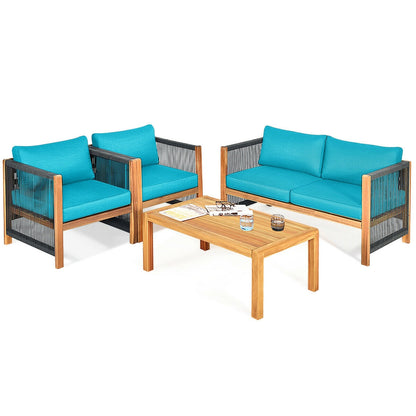 4 Pcs Acacia Wood Patio Furniture Set, Turquoise Patio Conversation Sets at Gallery Canada