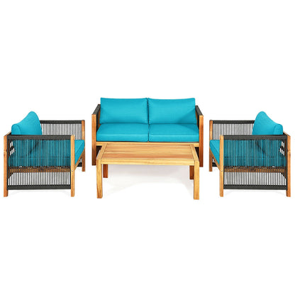 4 Pcs Acacia Wood Patio Furniture Set, Turquoise Patio Conversation Sets at Gallery Canada