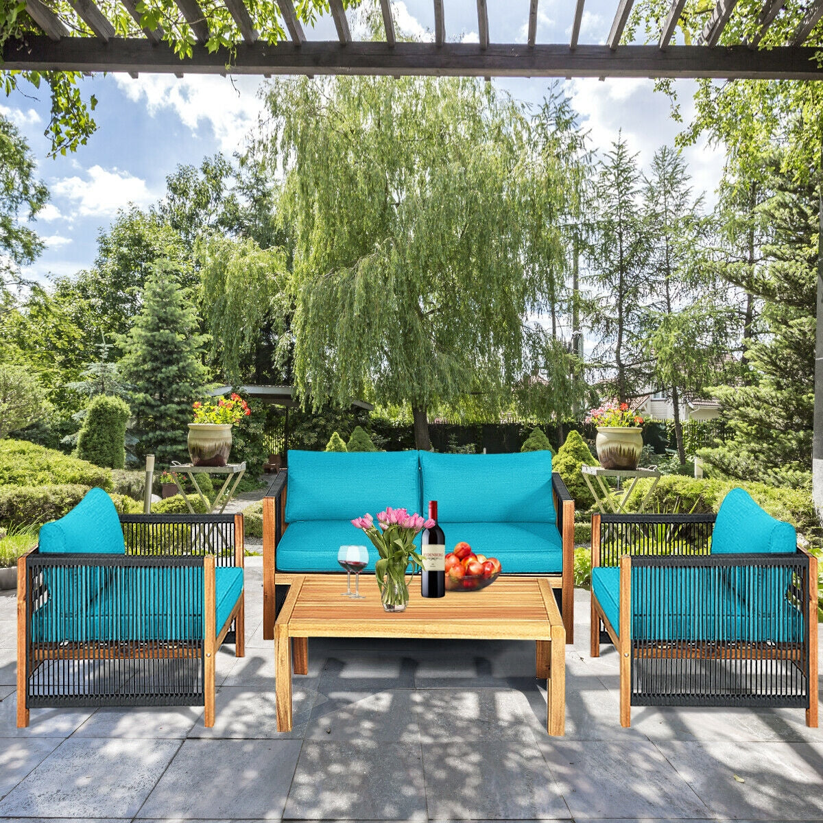4 Pcs Acacia Wood Patio Furniture Set, Turquoise Patio Conversation Sets at Gallery Canada