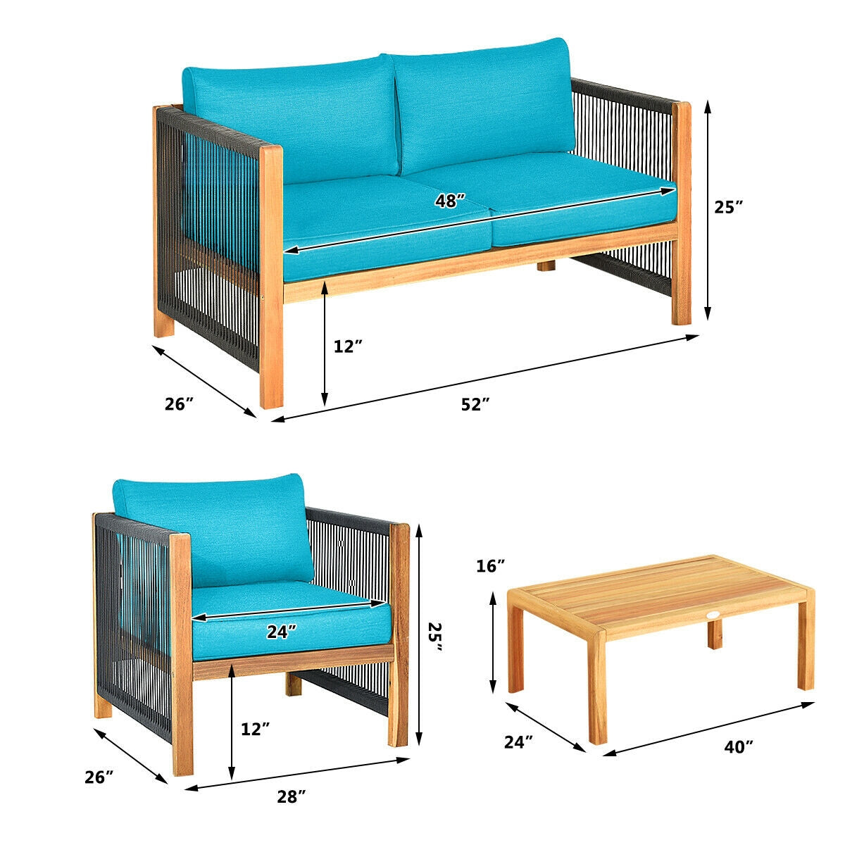 4 Pcs Acacia Wood Patio Furniture Set, Turquoise Patio Conversation Sets at Gallery Canada