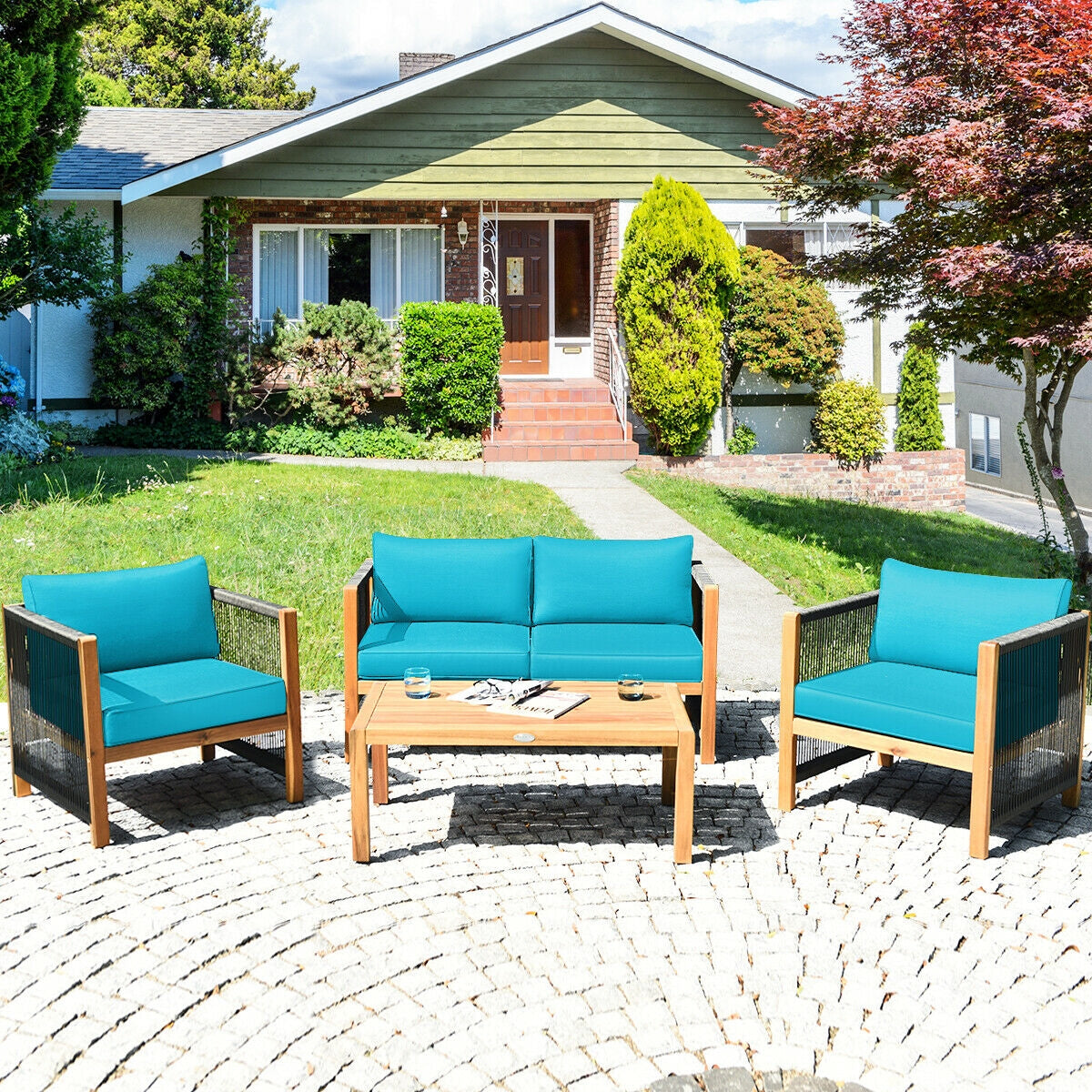 4 Pcs Acacia Wood Patio Furniture Set, Turquoise Patio Conversation Sets at Gallery Canada
