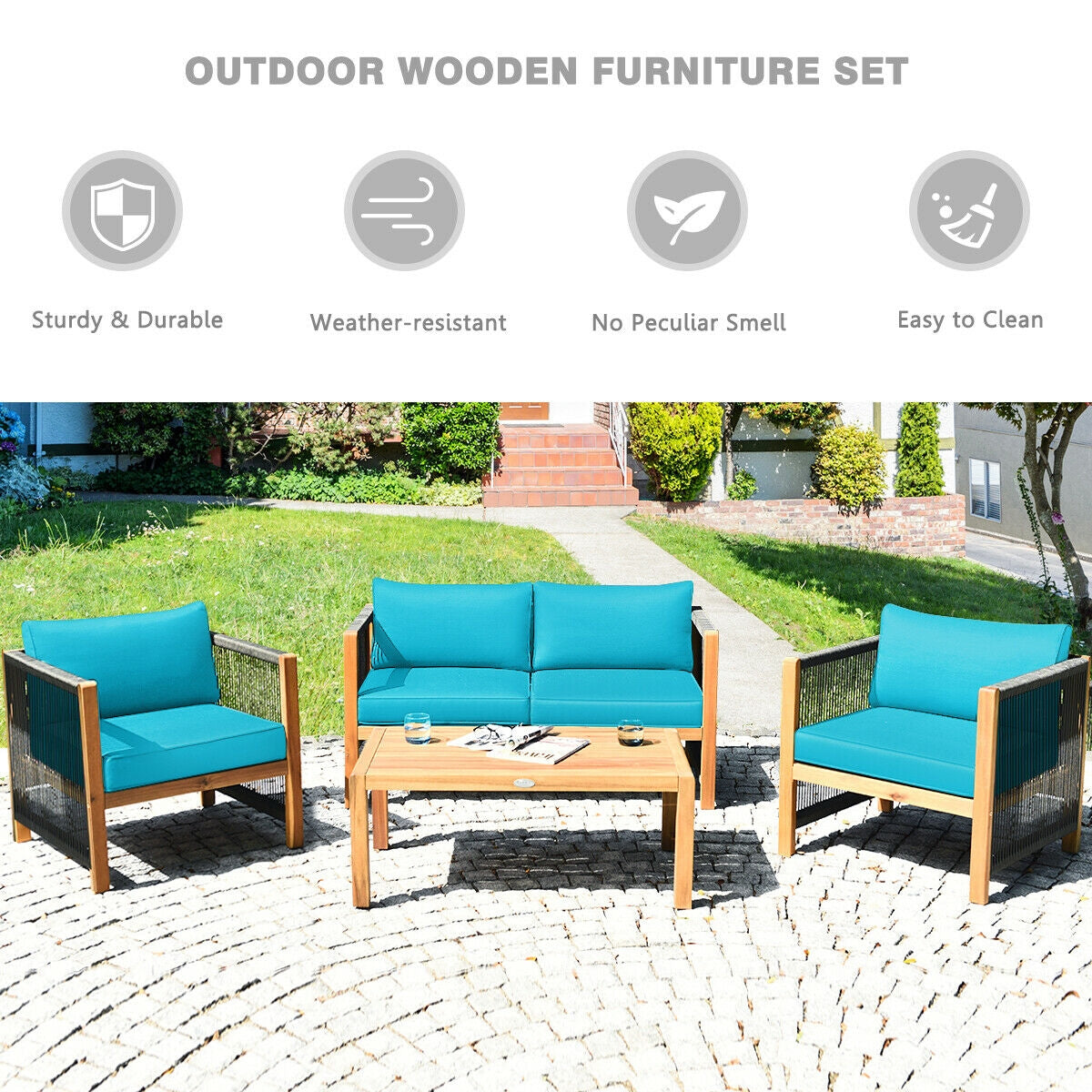 4 Pcs Acacia Wood Patio Furniture Set, Turquoise Patio Conversation Sets at Gallery Canada