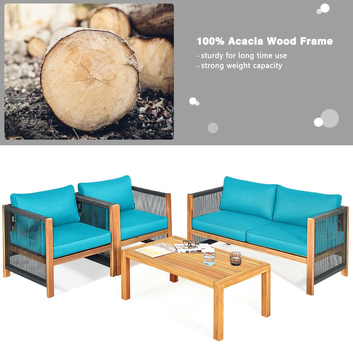 4 Pcs Acacia Wood Patio Furniture Set, Turquoise Patio Conversation Sets at Gallery Canada