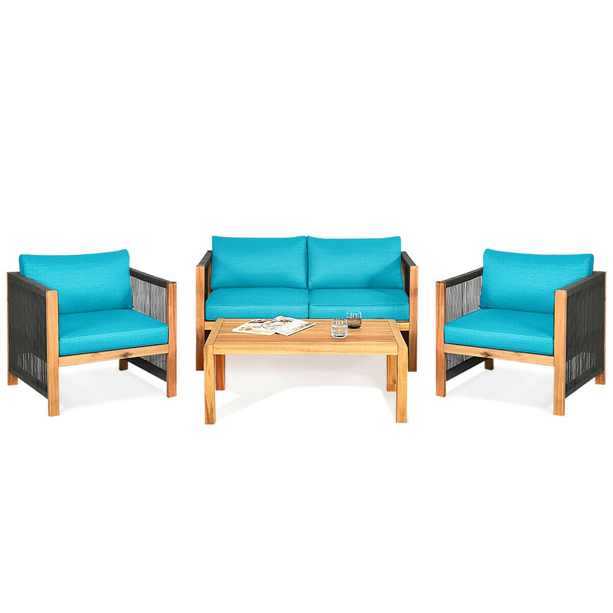 4 Pcs Acacia Wood Patio Furniture Set, Turquoise Patio Conversation Sets Turquoise at Gallery Canada