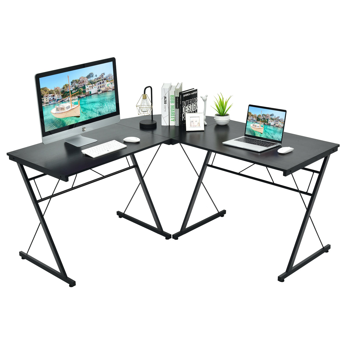 59 Inch L-Shaped Corner Desk, Home Office Computer Table, Black L-Shaped Desks Black at Gallery Canada
