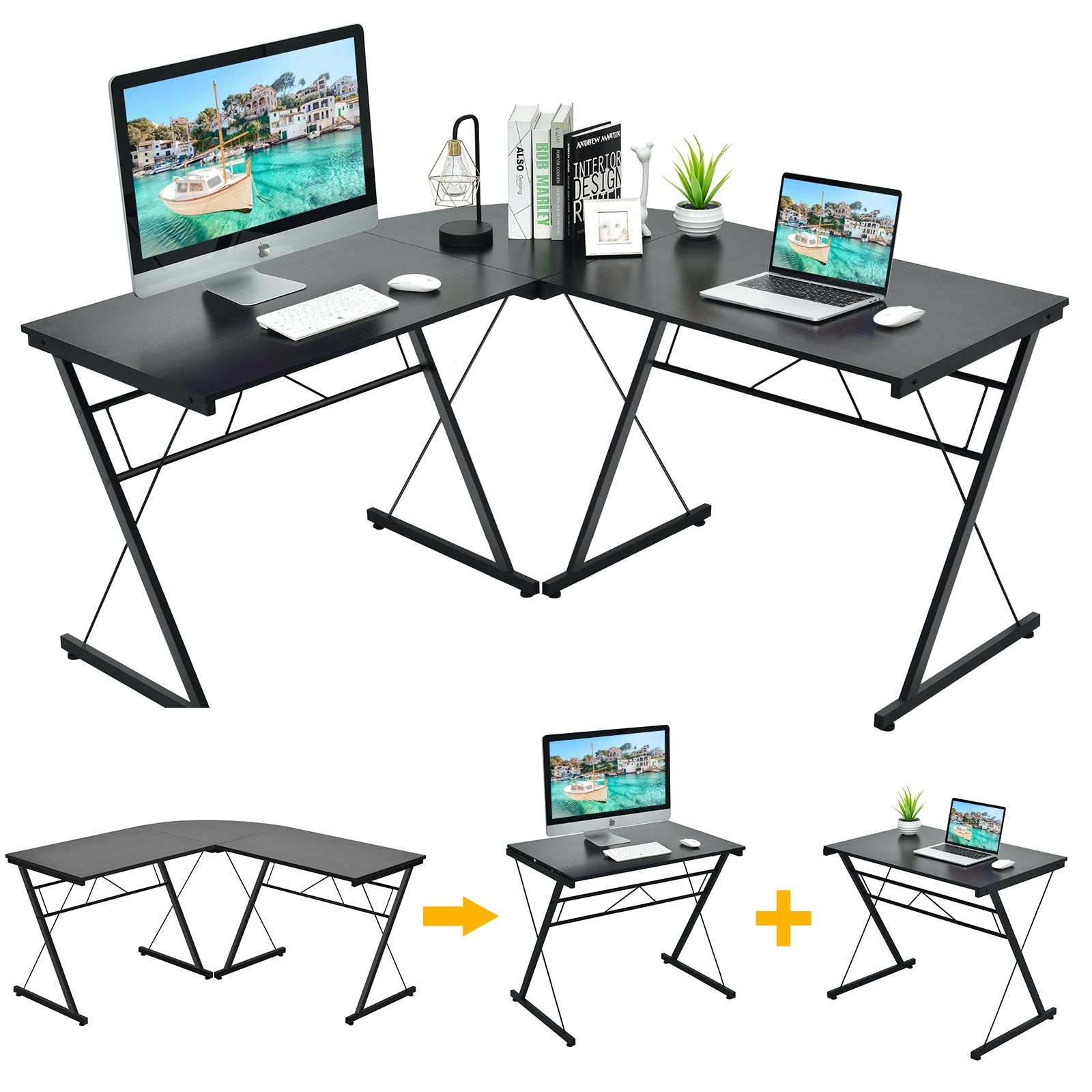 59 Inch L-Shaped Corner Desk, Home Office Computer Table, Black L-Shaped Desks at Gallery Canada