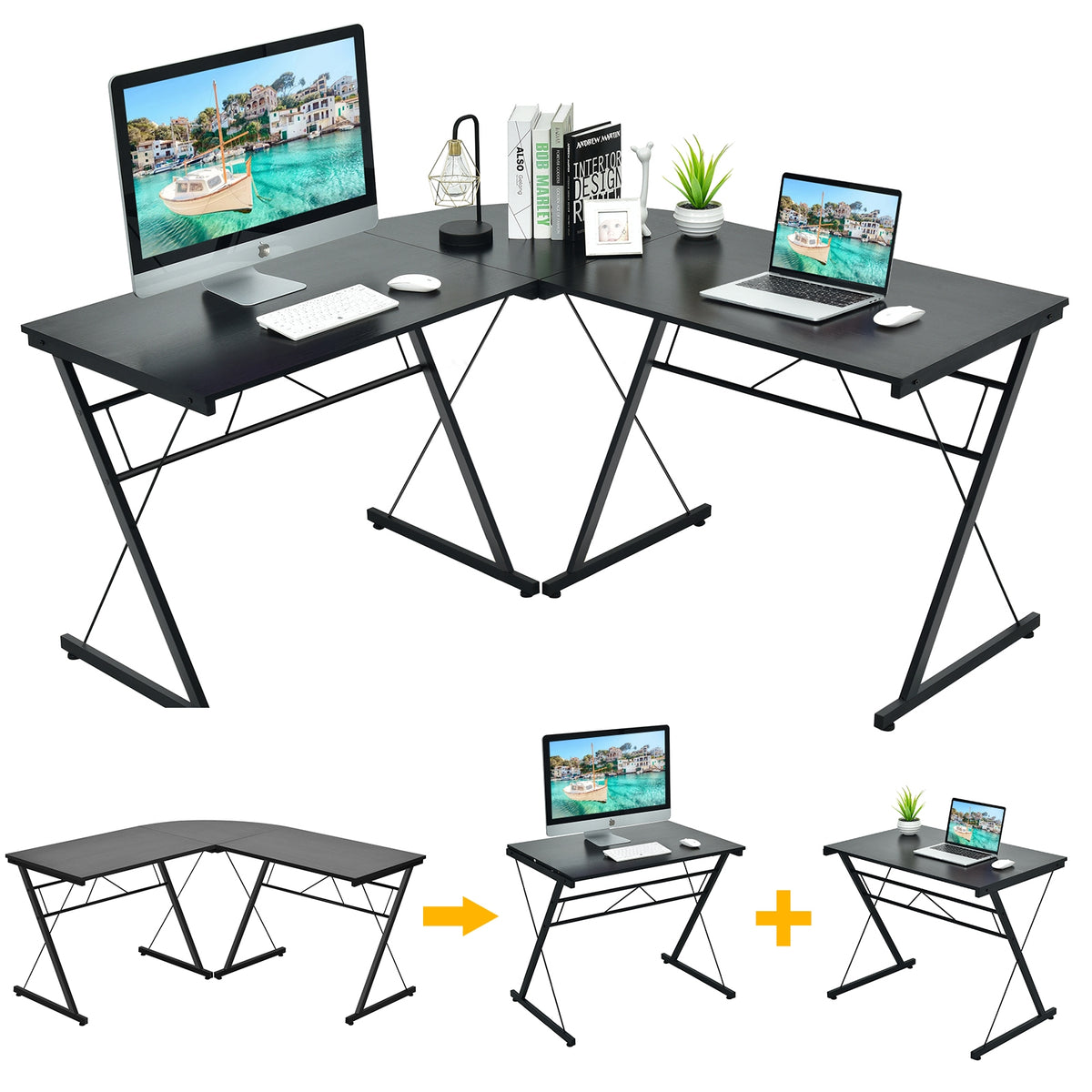 59 Inch L-Shaped Corner Desk, Home Office Computer Table, Black L-Shaped Desks at Gallery Canada