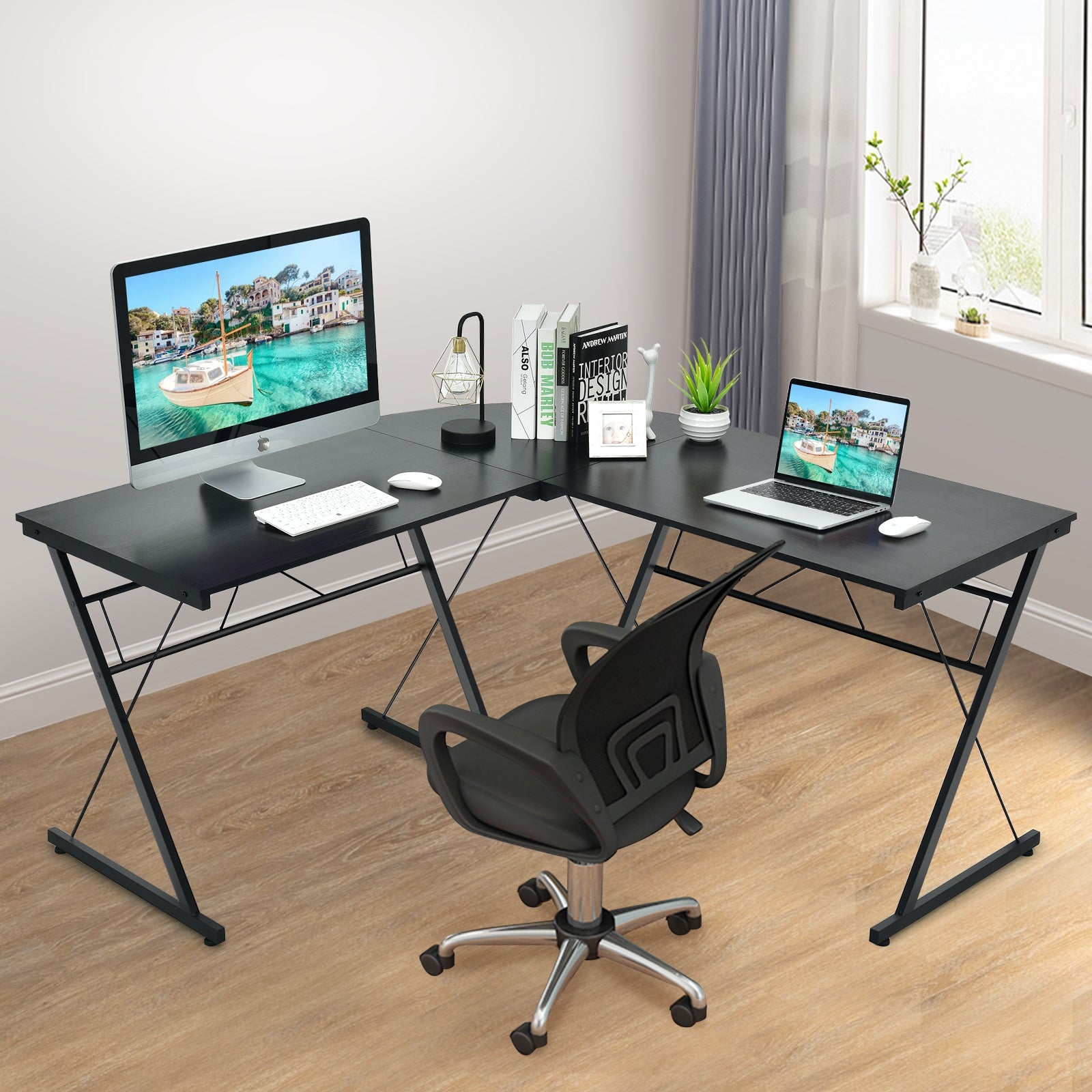59 Inch L-Shaped Corner Desk, Home Office Computer Table, Black L-Shaped Desks at Gallery Canada