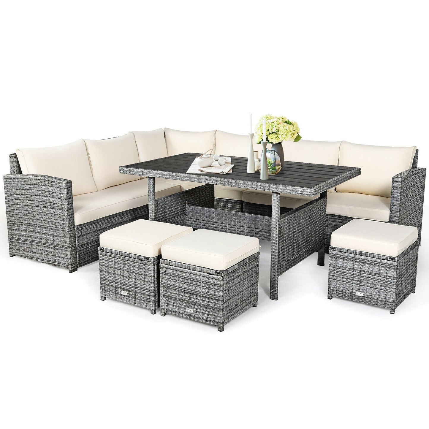 7 Pcs Rattan Dining Furniture Set, Sectional Sofa With Ottoman, Beige Outdoor Sectionals at Gallery Canada