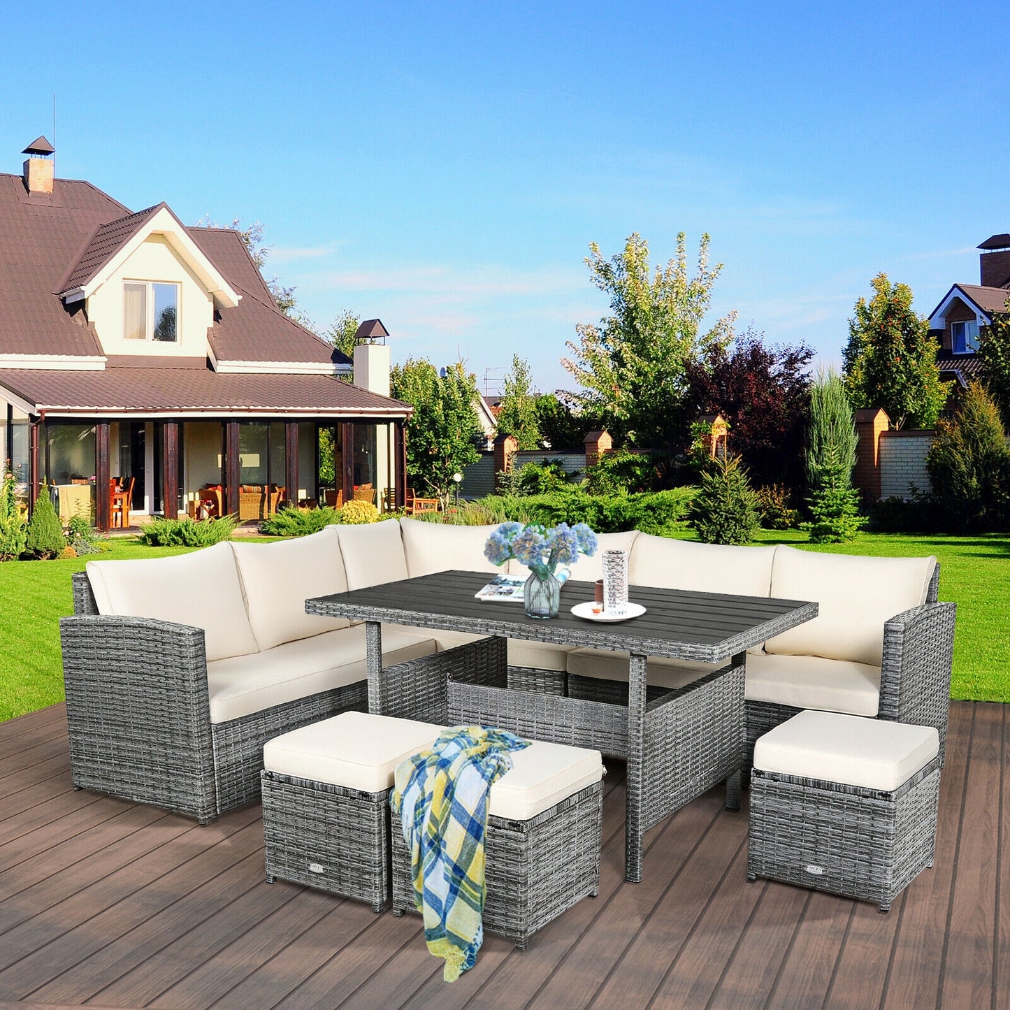 7 Pcs Rattan Dining Furniture Set, Sectional Sofa With Ottoman, Beige Outdoor Sectionals at Gallery Canada