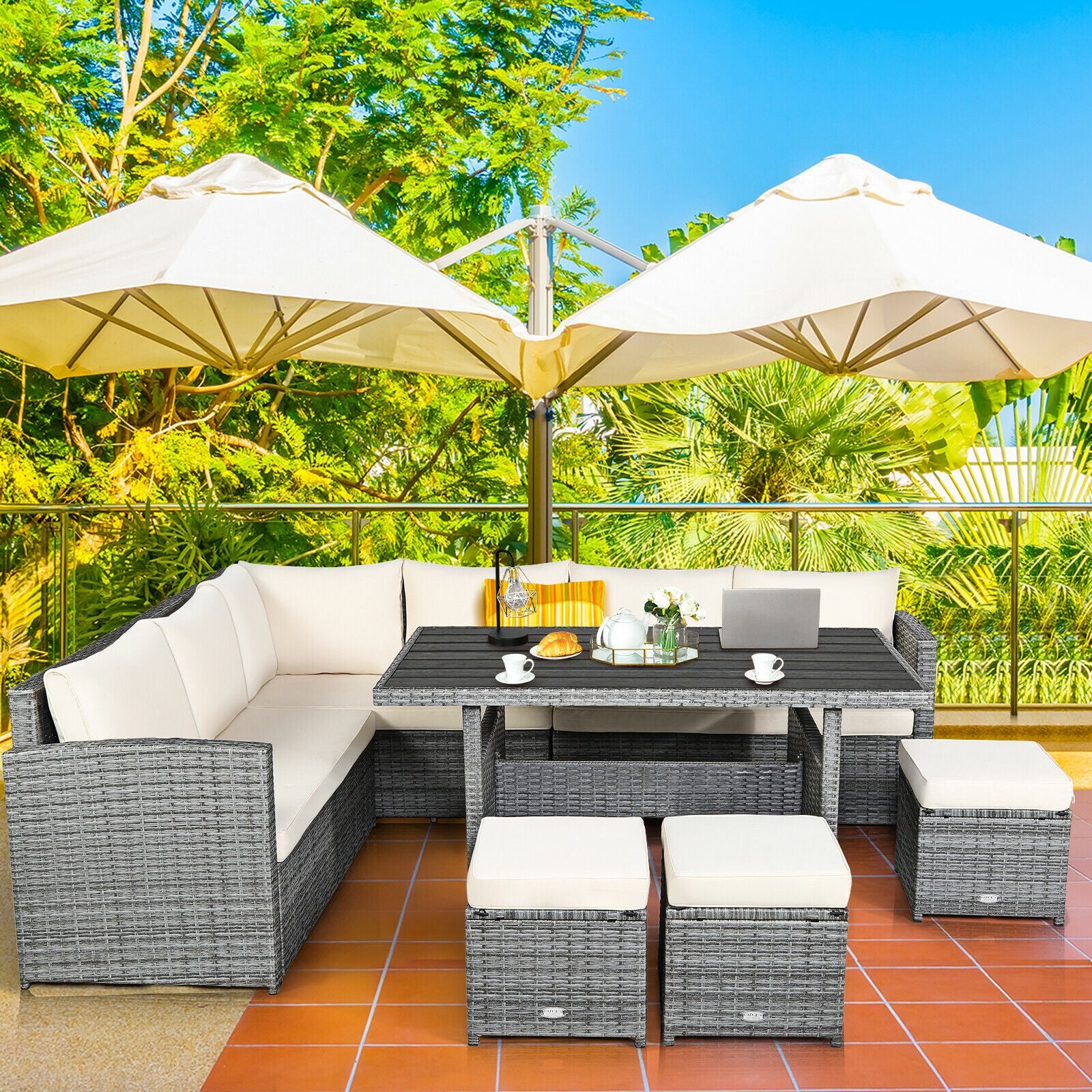 7 Pcs Rattan Dining Furniture Set, Sectional Sofa With Ottoman, Beige Outdoor Sectionals at Gallery Canada