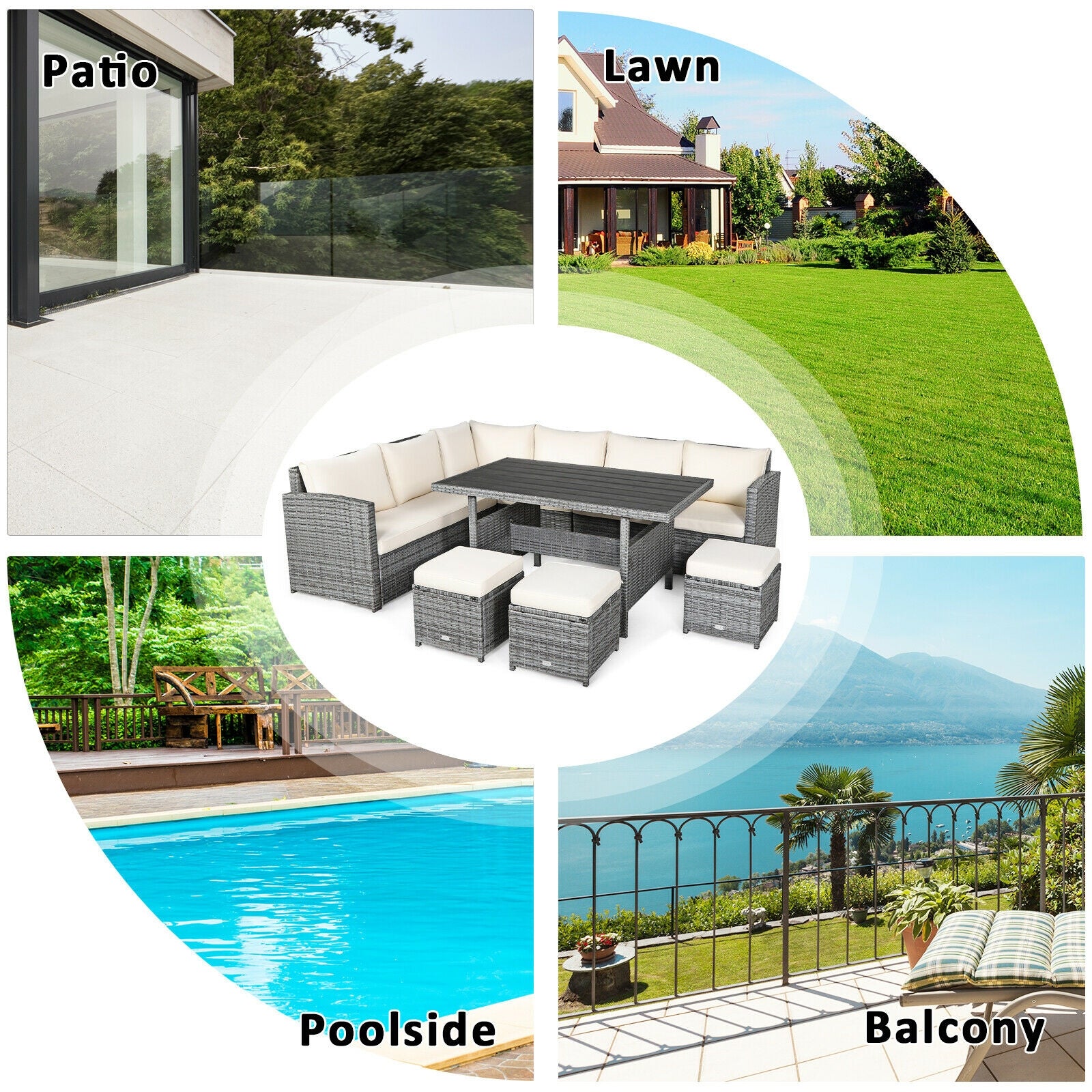 7 Pcs Rattan Dining Furniture Set, Sectional Sofa With Ottoman, Beige Outdoor Sectionals at Gallery Canada