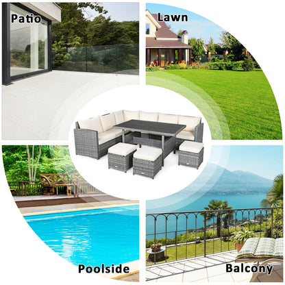 7 Pcs Rattan Dining Furniture Set, Sectional Sofa With Ottoman, Beige Outdoor Sectionals at Gallery Canada