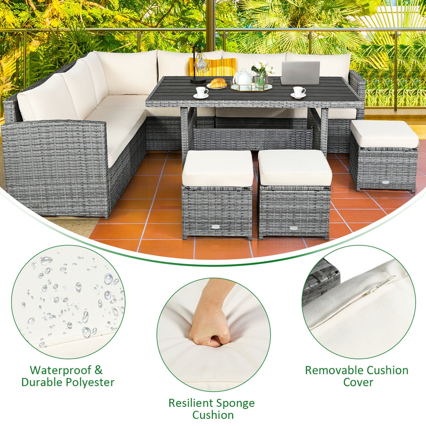 7 Pcs Rattan Dining Furniture Set, Sectional Sofa With Ottoman, Beige Outdoor Sectionals at Gallery Canada