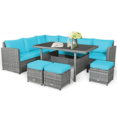 7-Piece Rattan Patio Dining Set, Sectional Sofa, Turquoise