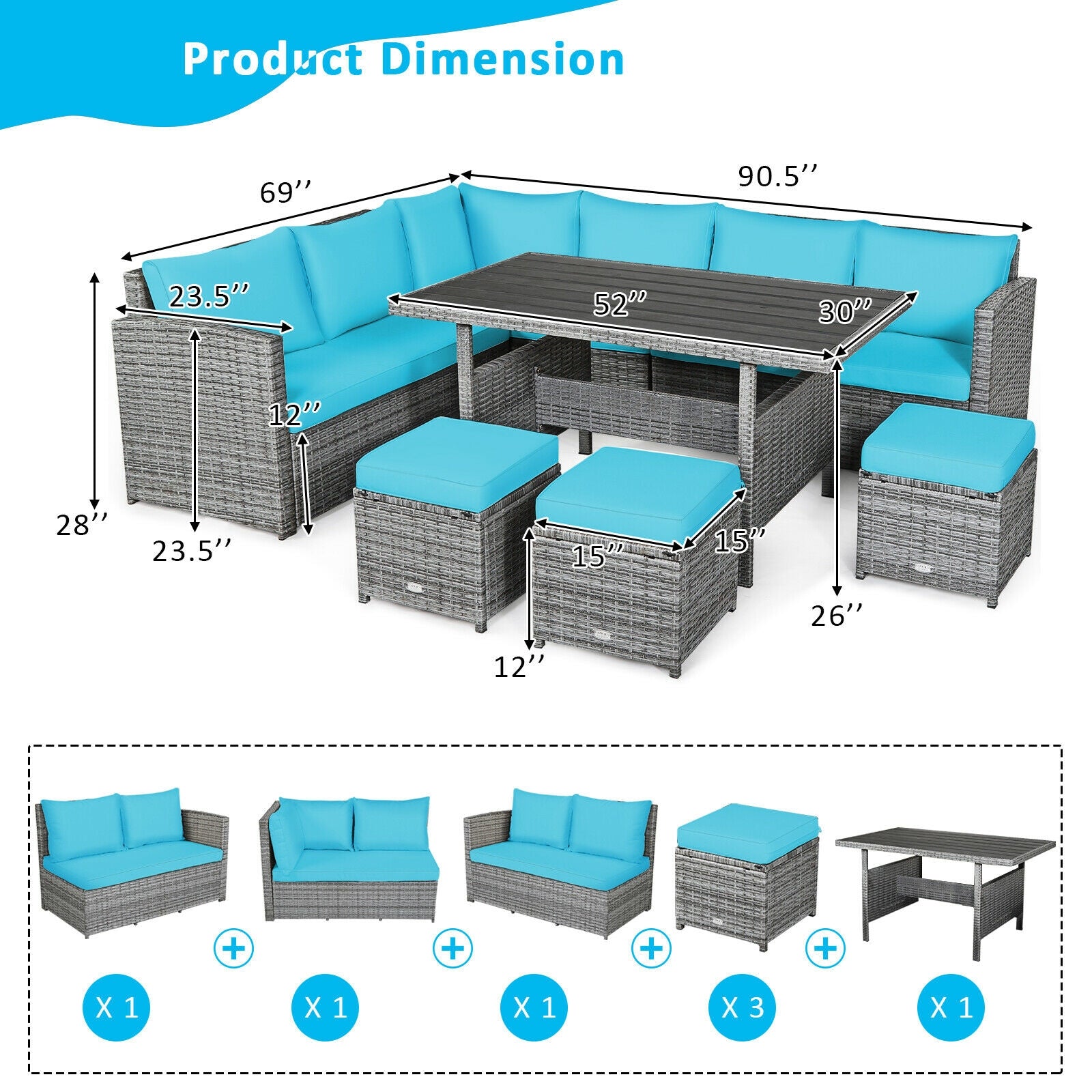 7-Piece Rattan Patio Dining Set, Sectional Sofa, Turquoise Outdoor Sectionals at Gallery Canada