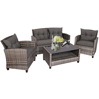 4 Pieces Patio Rattan Furniture Set Coffee Table Cushioned Sofa, Gray Patio Conversation Sets at Gallery Canada