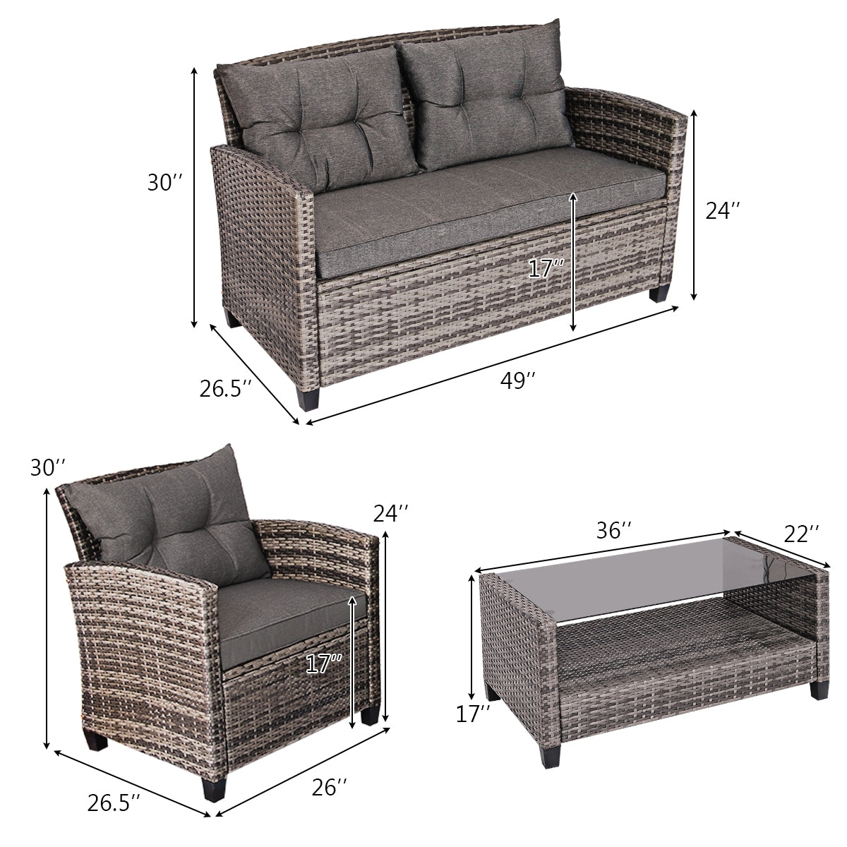 4 Pieces Patio Rattan Furniture Set Coffee Table Cushioned Sofa, Gray Patio Conversation Sets at Gallery Canada