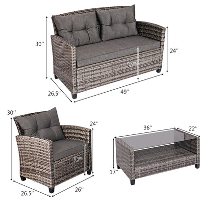 4 Pieces Patio Rattan Furniture Set Coffee Table Cushioned Sofa, Gray Patio Conversation Sets at Gallery Canada