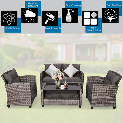 4 Pieces Patio Rattan Furniture Set Coffee Table Cushioned Sofa, Gray Patio Conversation Sets at Gallery Canada