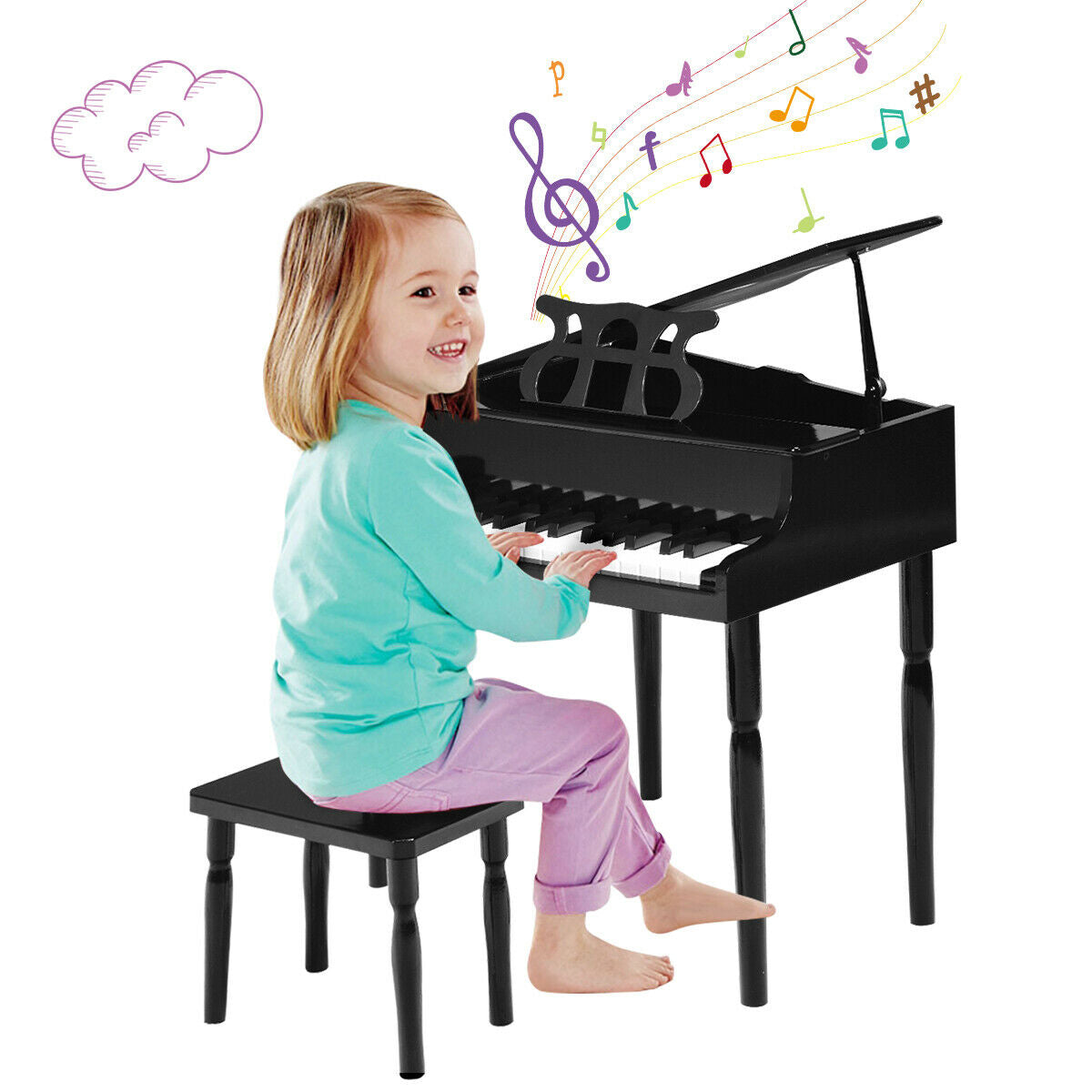 30-Key Wood Toy Kids Grand Piano, With Bench And Music Rack, Black Musical Toys at Gallery Canada
