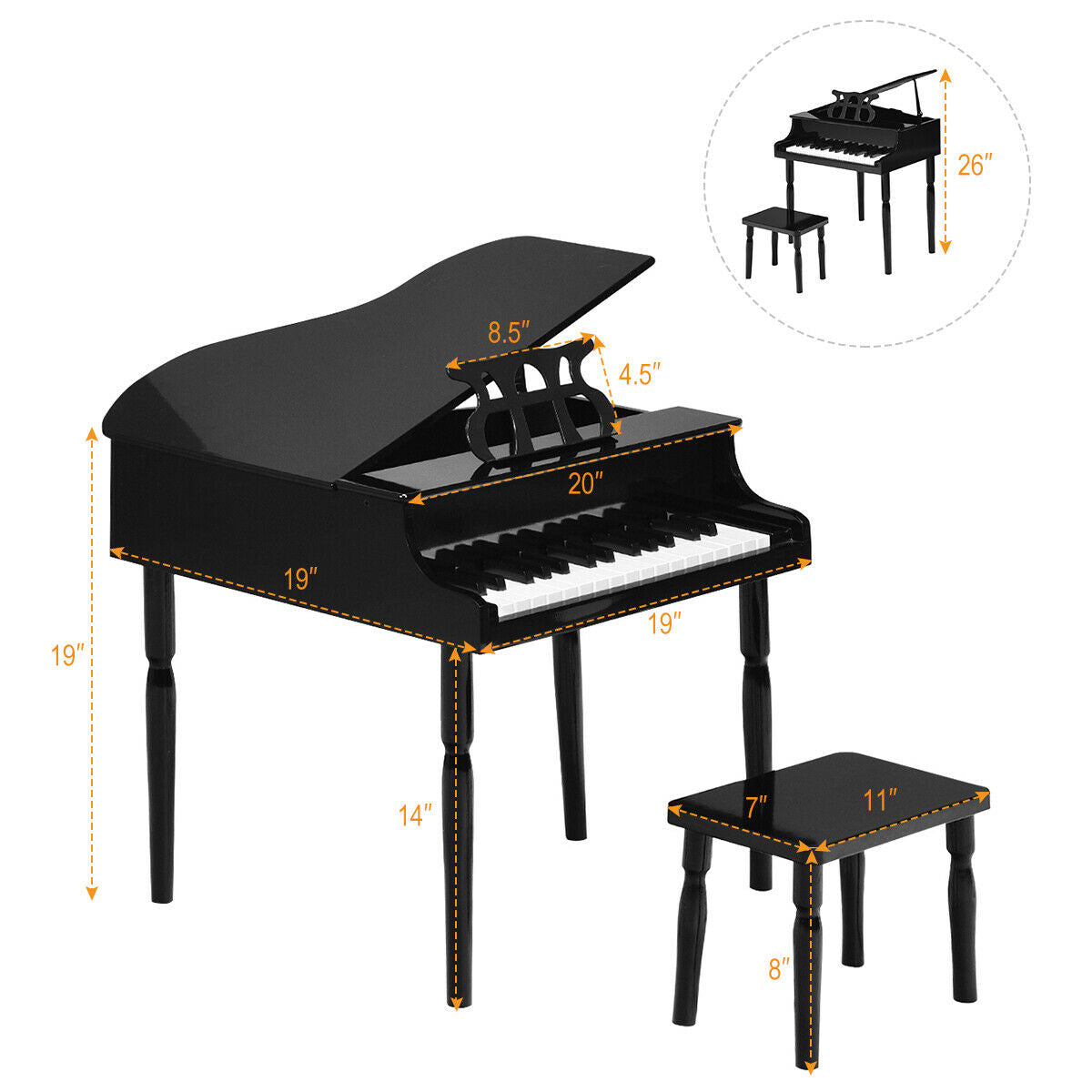 30-Key Wood Toy Kids Grand Piano, With Bench And Music Rack, Black Musical Toys at Gallery Canada