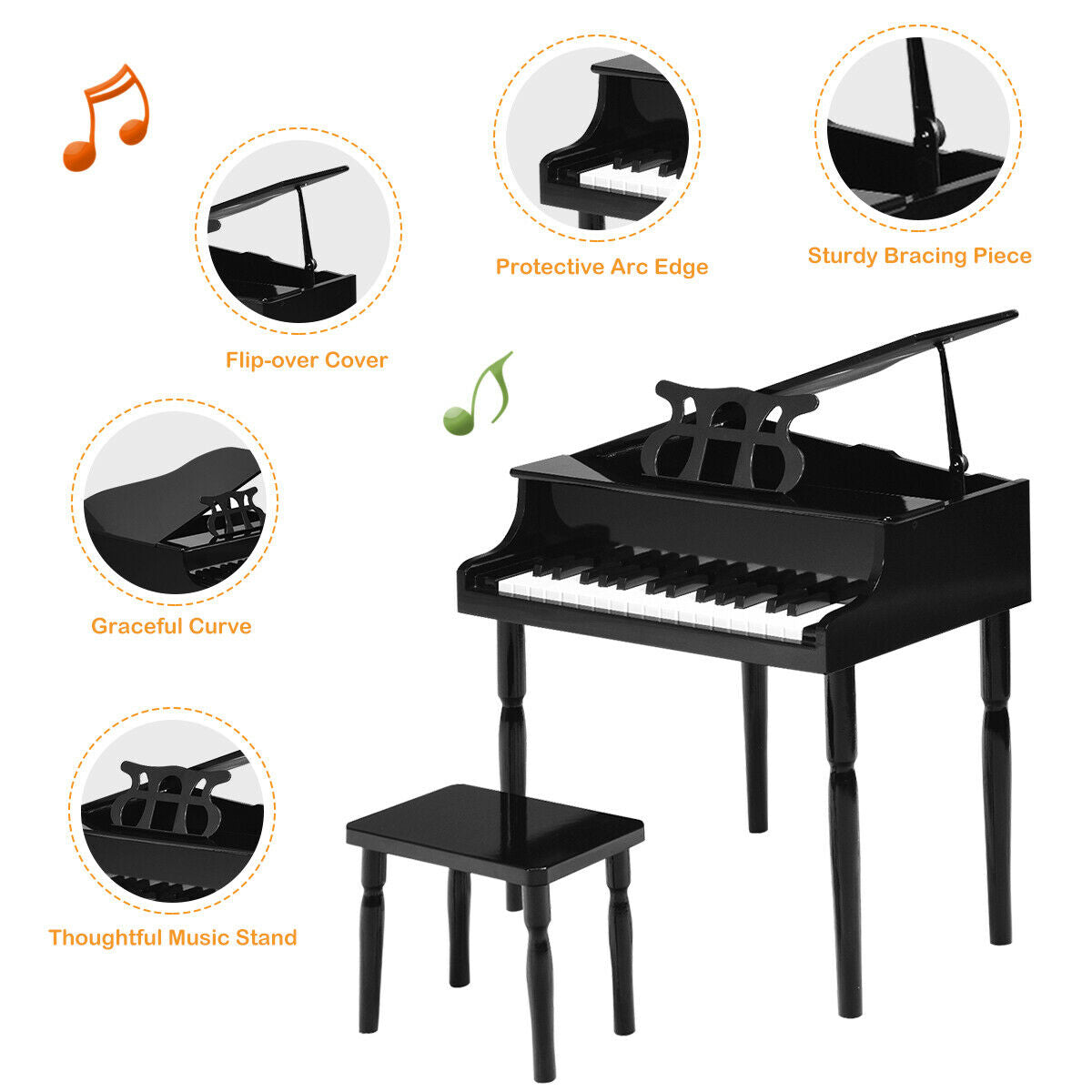 30-Key Wood Toy Kids Grand Piano, With Bench And Music Rack, Black Musical Toys at Gallery Canada