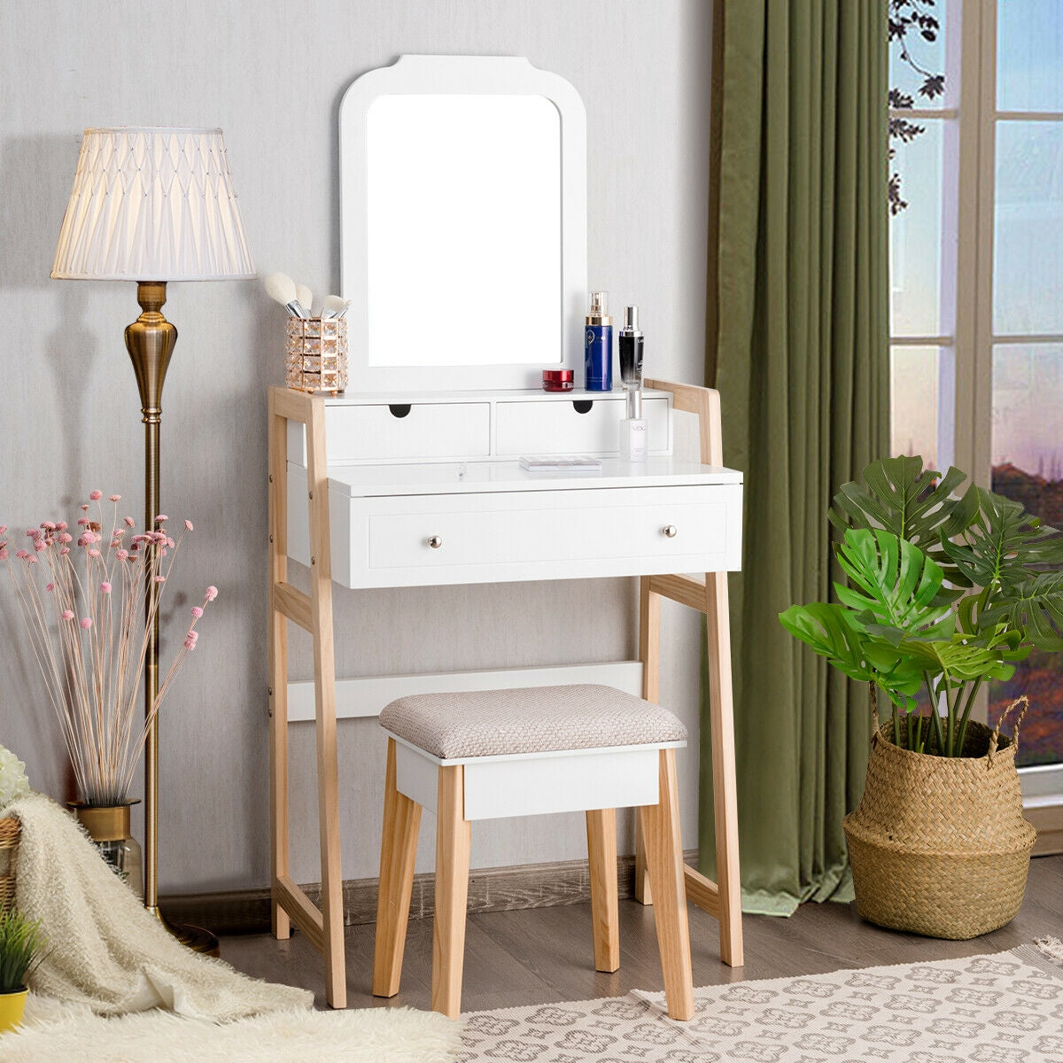 Vanity Table Set With Cushioned Stool, Large Mirror, White Makeup Vanities at Gallery Canada