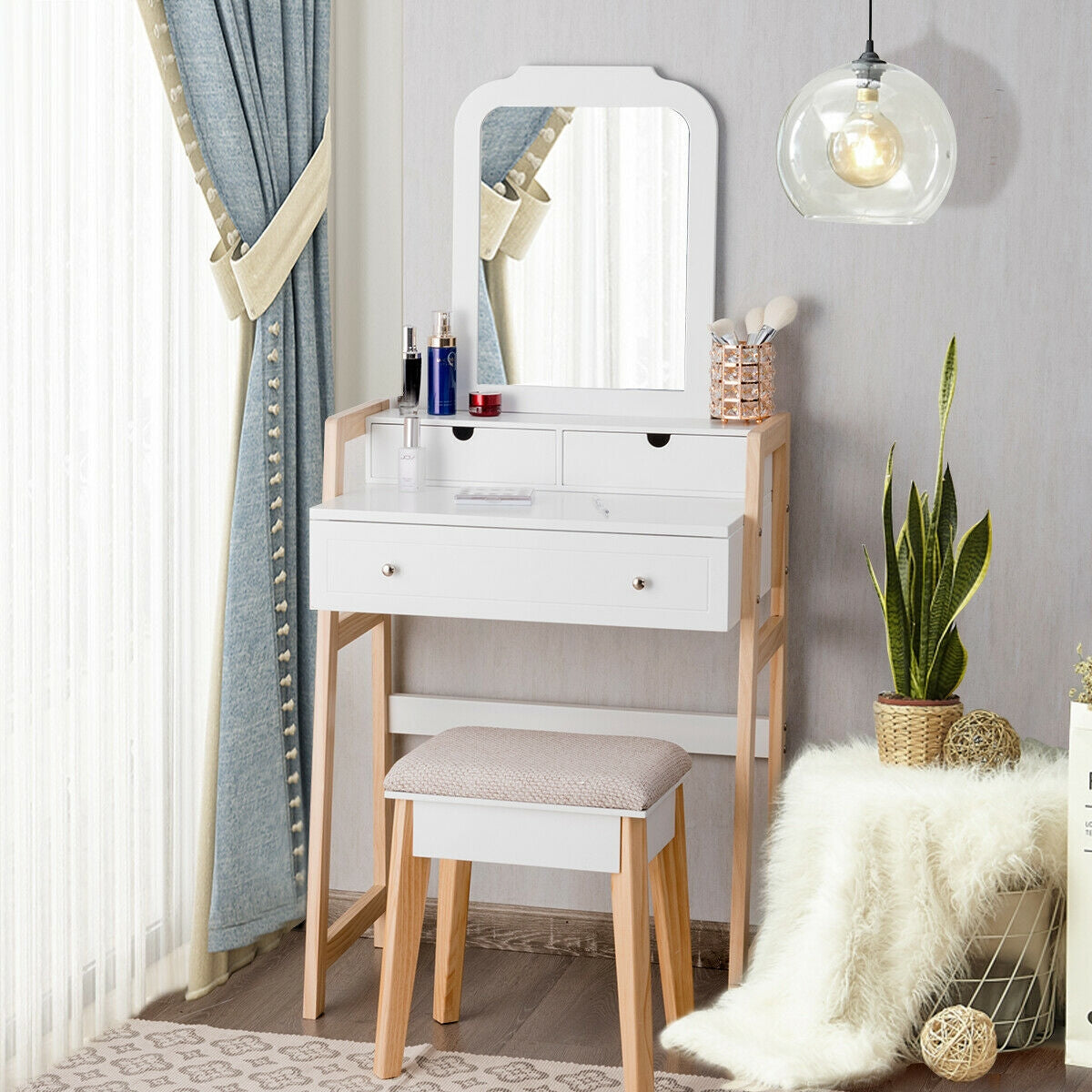 Vanity Table Set With Cushioned Stool, Large Mirror, White Makeup Vanities at Gallery Canada