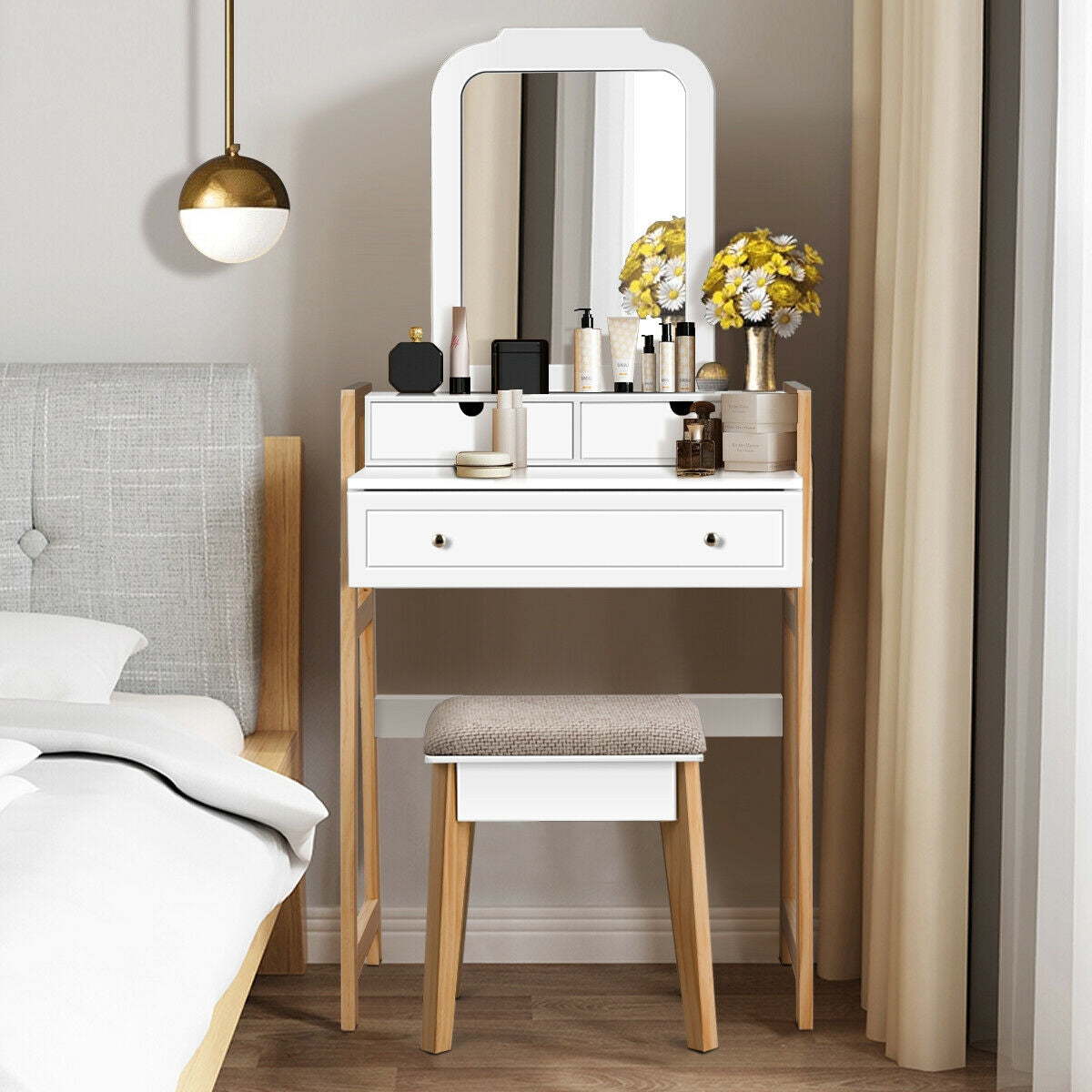 Vanity Table Set With Cushioned Stool, Large Mirror, White Makeup Vanities at Gallery Canada