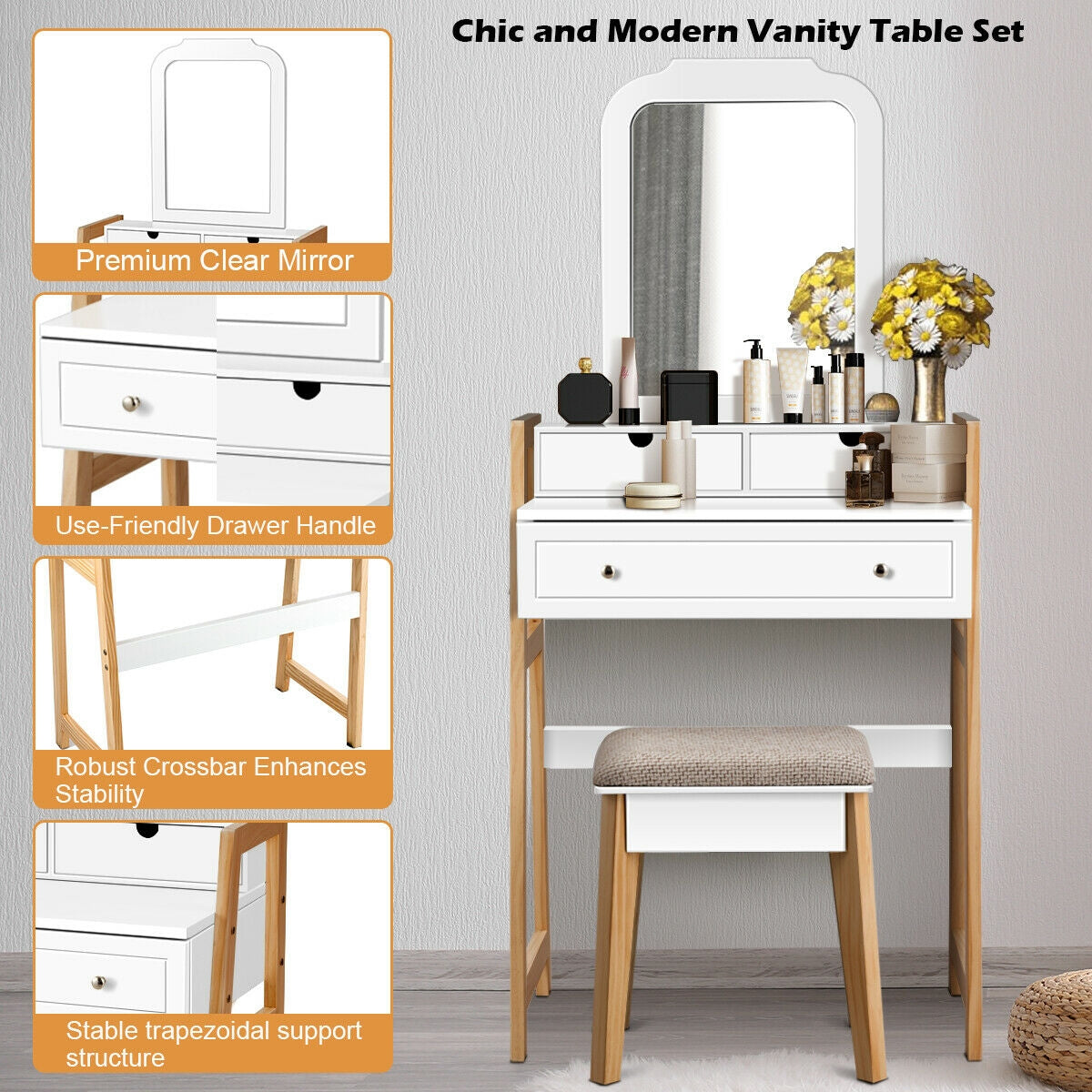 Vanity Table Set With Cushioned Stool, Large Mirror, White Makeup Vanities at Gallery Canada