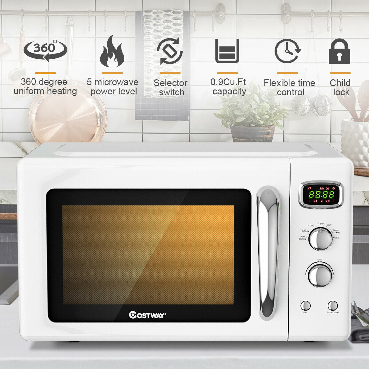 0.9 Cu.ft Retro Countertop Compact Microwave Oven, White Toaster Ovens at Gallery Canada