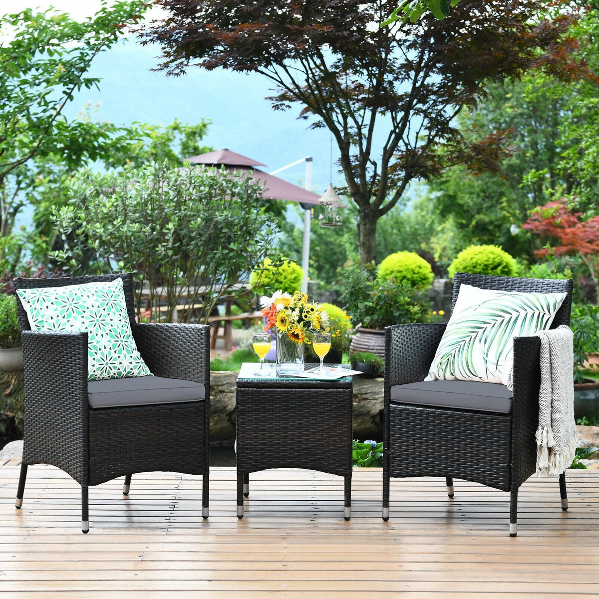 3 Pieces Patio Furniture Set Outdoor Wicker Rattan Set, Gray Patio Conversation Sets at Gallery Canada