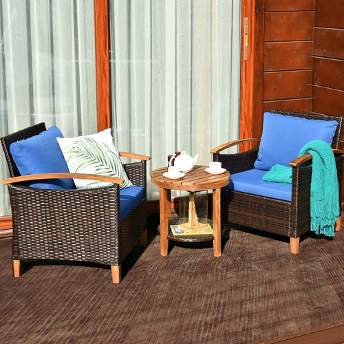 3 Pcs Solid Wood Rattan Patio Set, Blue