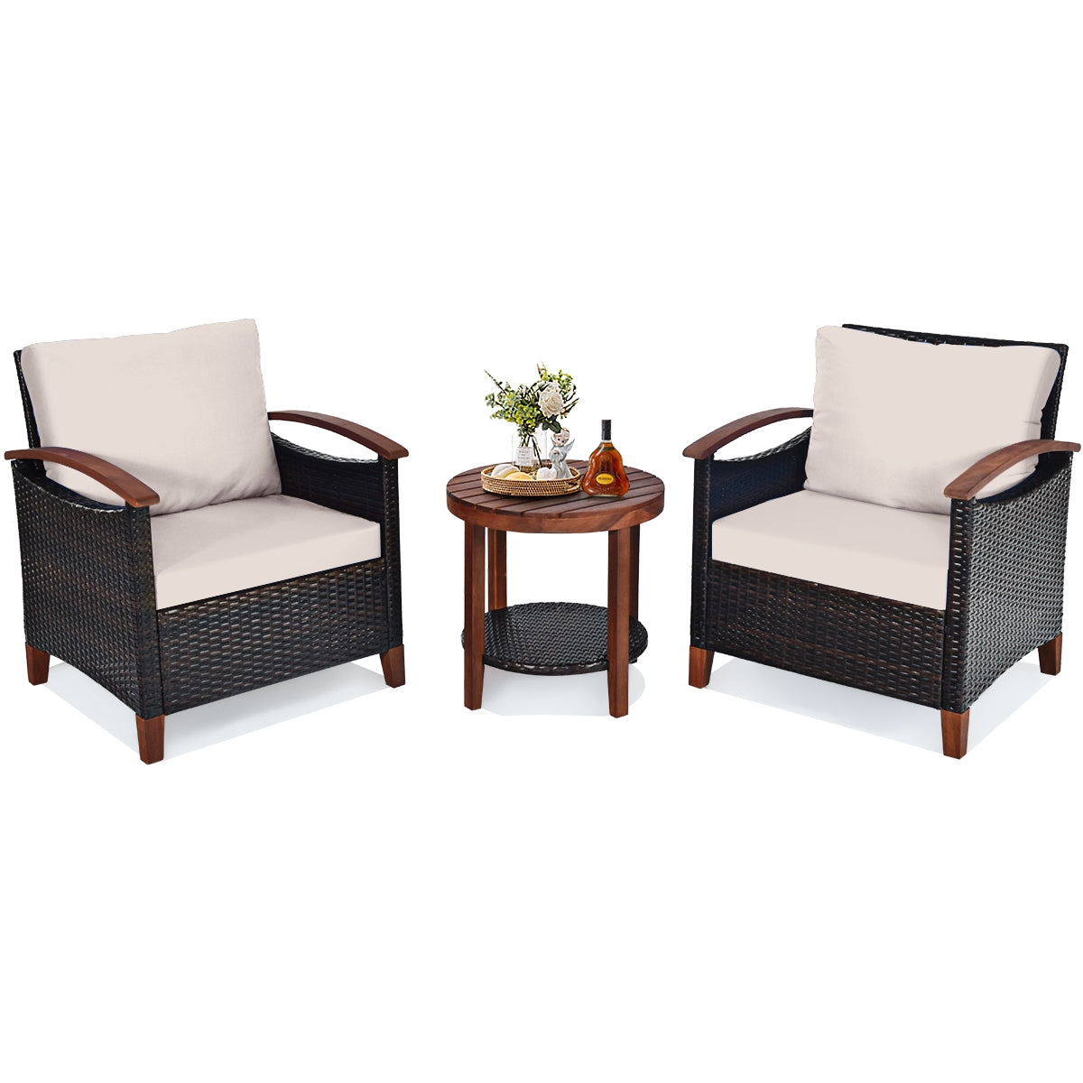 3-Piece Patio Wicker Set, Washable Cushion, Acacia Wood Tabletop, Beige Patio Conversation Sets at Gallery Canada
