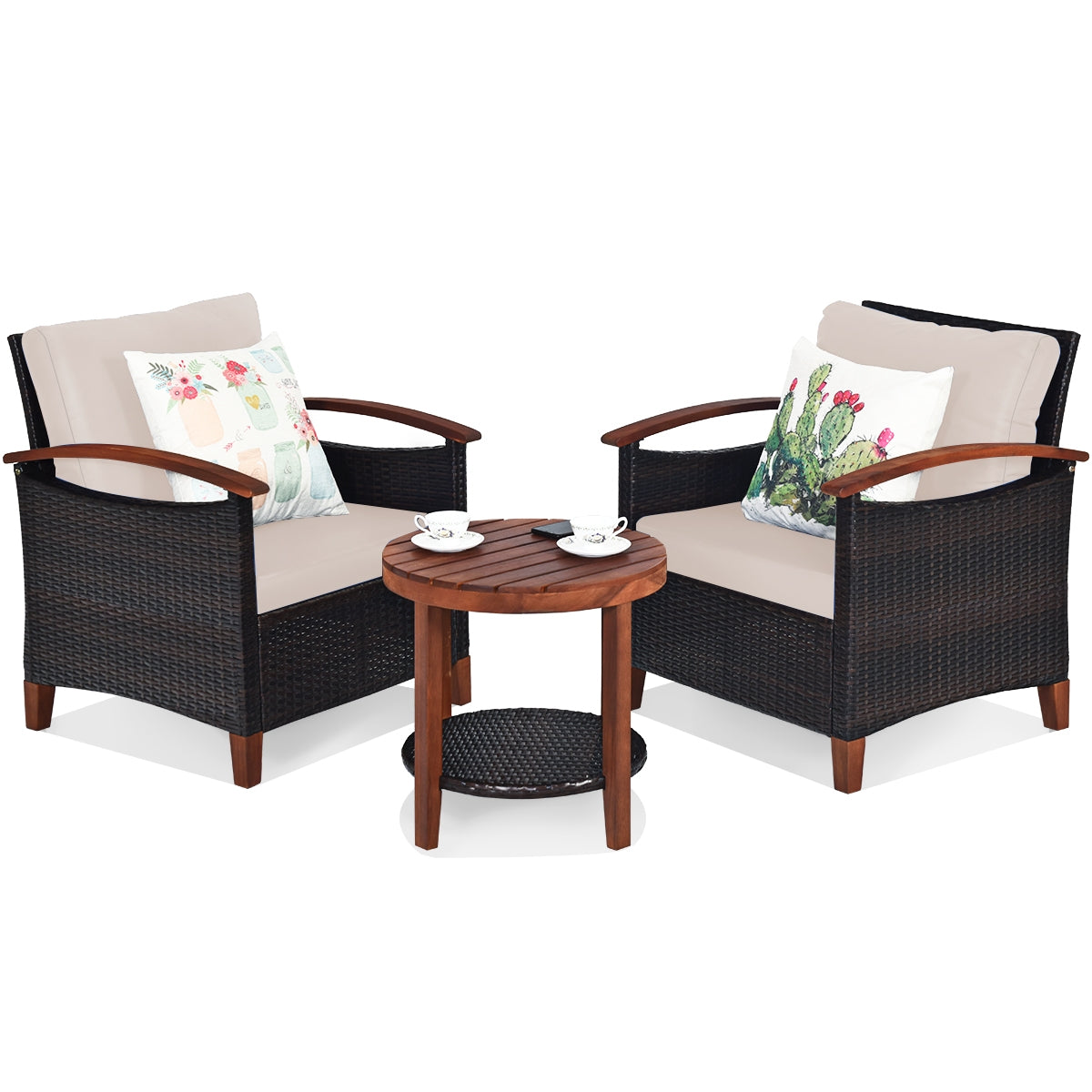 3-Piece Patio Wicker Set, Washable Cushion, Acacia Wood Tabletop, Beige Patio Conversation Sets at Gallery Canada
