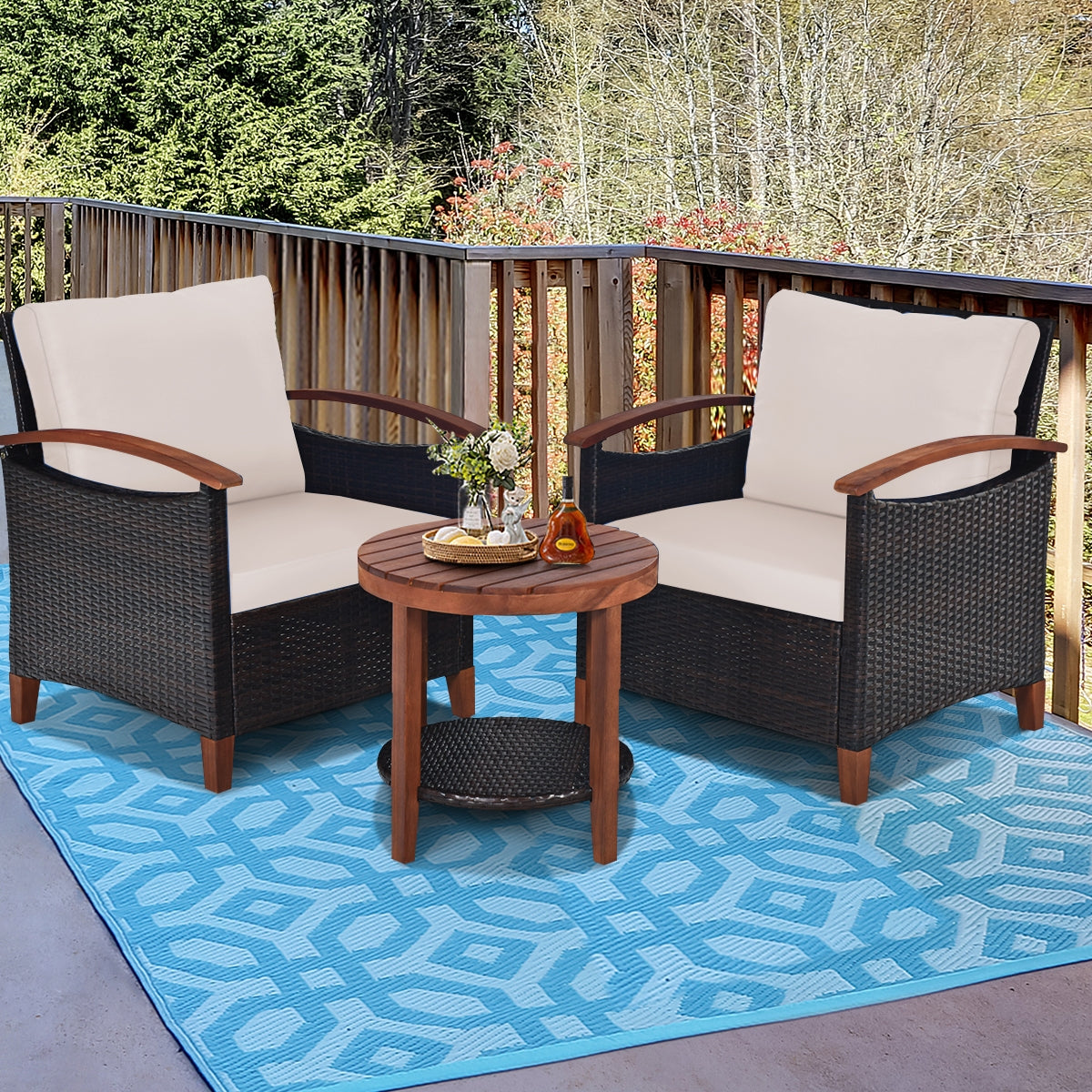 3-Piece Patio Wicker Set, Washable Cushion, Acacia Wood Tabletop, Beige Patio Conversation Sets at Gallery Canada