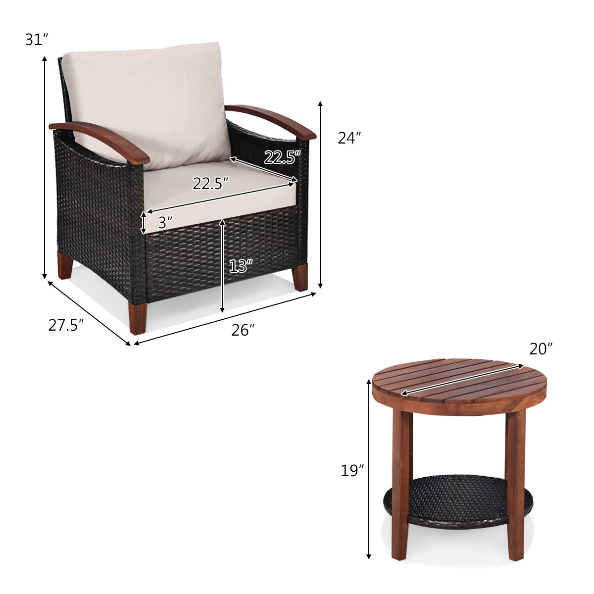 3-Piece Patio Wicker Set, Washable Cushion, Acacia Wood Tabletop, Beige Patio Conversation Sets at Gallery Canada
