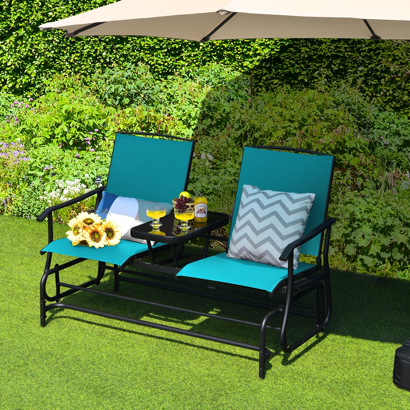 2-Person Rocking Loveseat, Mesh Fabric, Center Tempered Glass Table, Turquoise Patio Conversation Sets at Gallery Canada