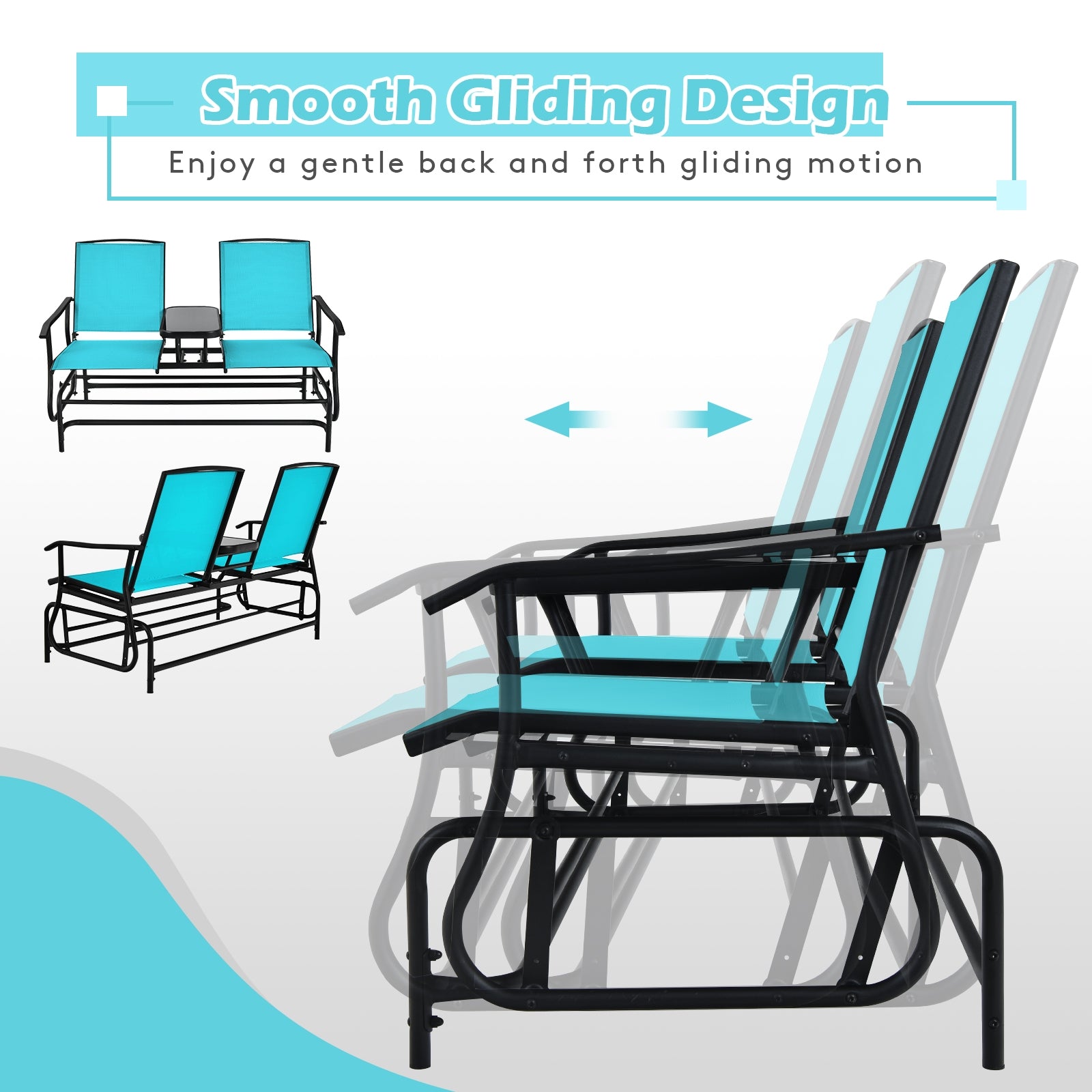 2-Person Rocking Loveseat, Mesh Fabric, Center Tempered Glass Table, Turquoise Patio Conversation Sets at Gallery Canada