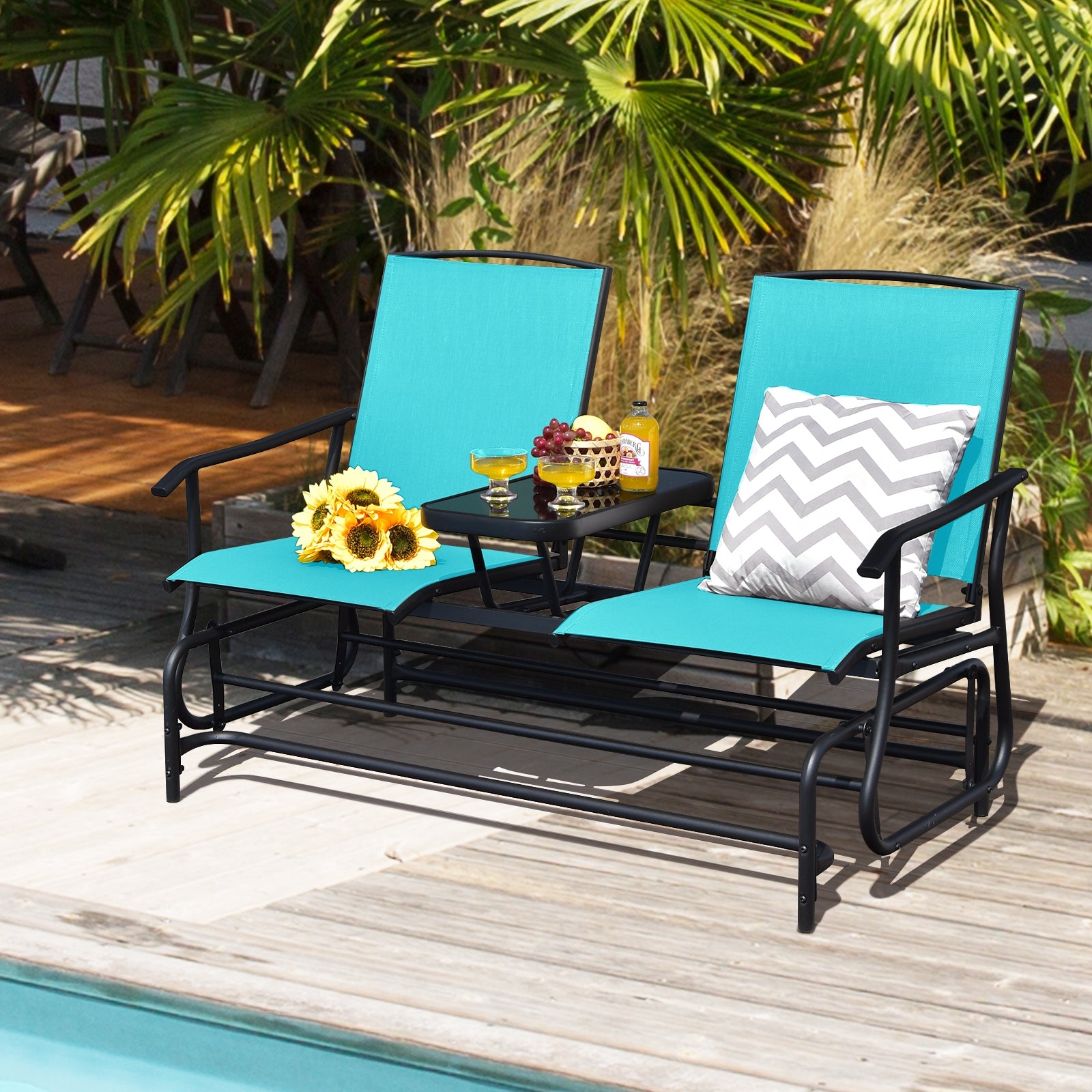 2-Person Rocking Loveseat, Mesh Fabric, Center Tempered Glass Table, Turquoise Patio Conversation Sets at Gallery Canada
