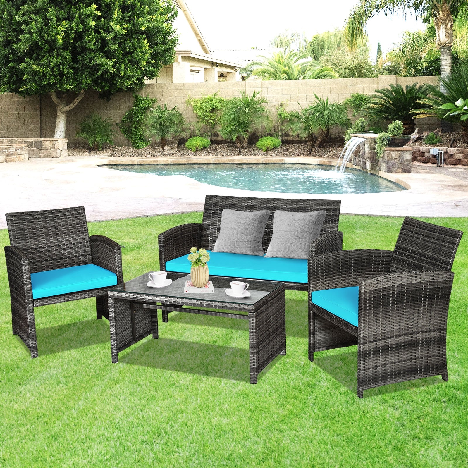 4 Piece Patio Rattan Furniture Set, Turquoise Patio Conversation Sets at Gallery Canada