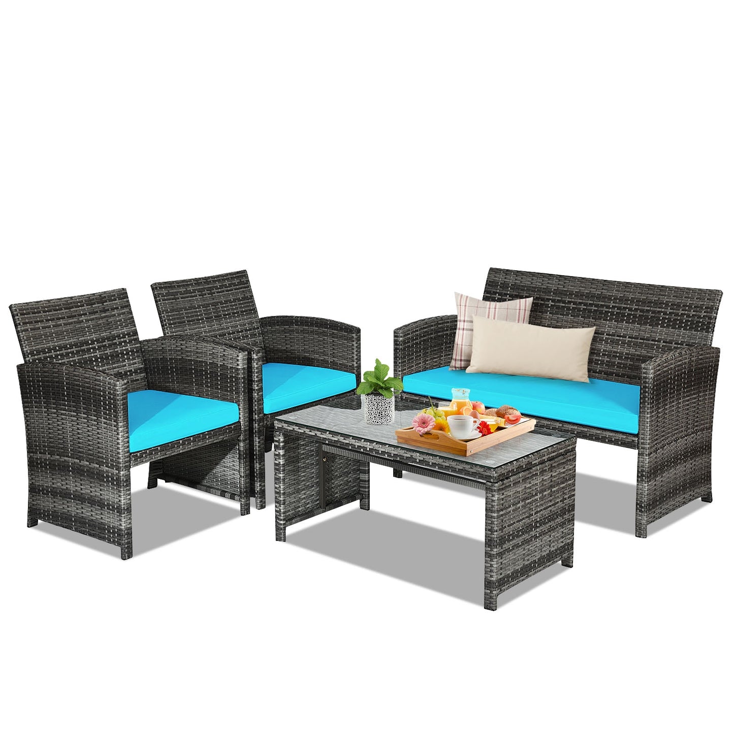 4 Piece Patio Rattan Furniture Set, Turquoise Patio Conversation Sets Turquoise at Gallery Canada