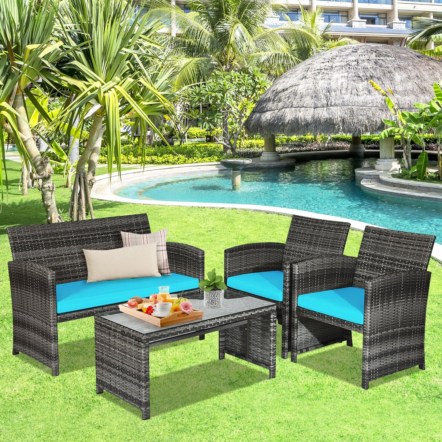 4 Piece Patio Rattan Furniture Set, Turquoise Patio Conversation Sets at Gallery Canada