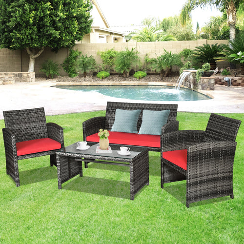 4 Piece Patio Rattan Furniture Set With Cushions, Red