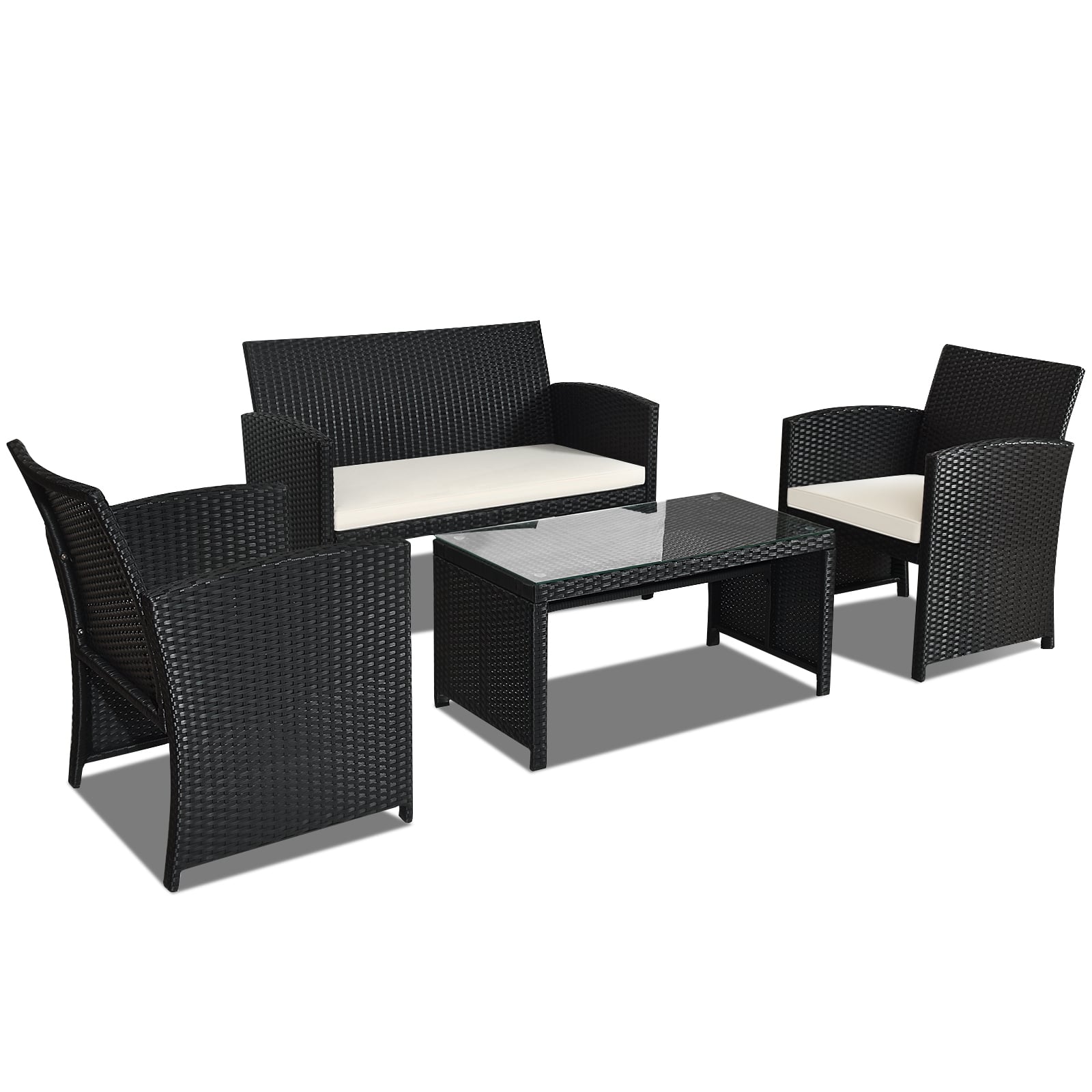 4 Piece Rattan Patio Set, Weather Resistant Cushions, Tempered Glass Tabletop, White Patio Conversation Sets White at Gallery Canada