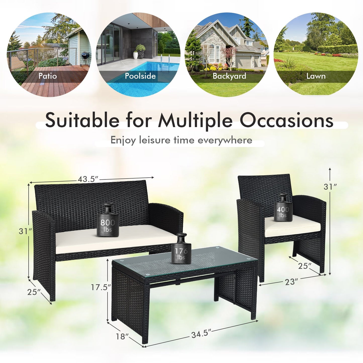 4 Piece Rattan Patio Set, Weather Resistant Cushions, Tempered Glass Tabletop, White Patio Conversation Sets at Gallery Canada