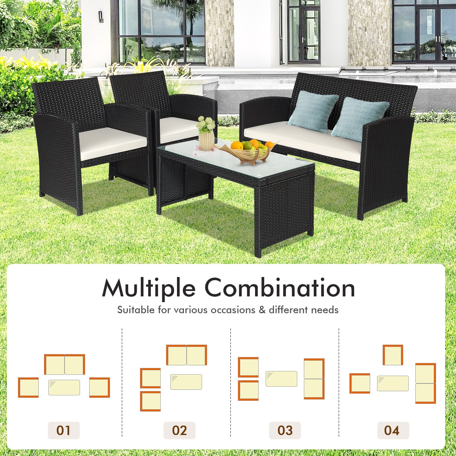 4 Piece Rattan Patio Set, Weather Resistant Cushions, Tempered Glass Tabletop, White Patio Conversation Sets at Gallery Canada