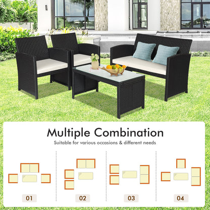 4 Piece Rattan Patio Set, Weather Resistant Cushions, Tempered Glass Tabletop, White Patio Conversation Sets at Gallery Canada